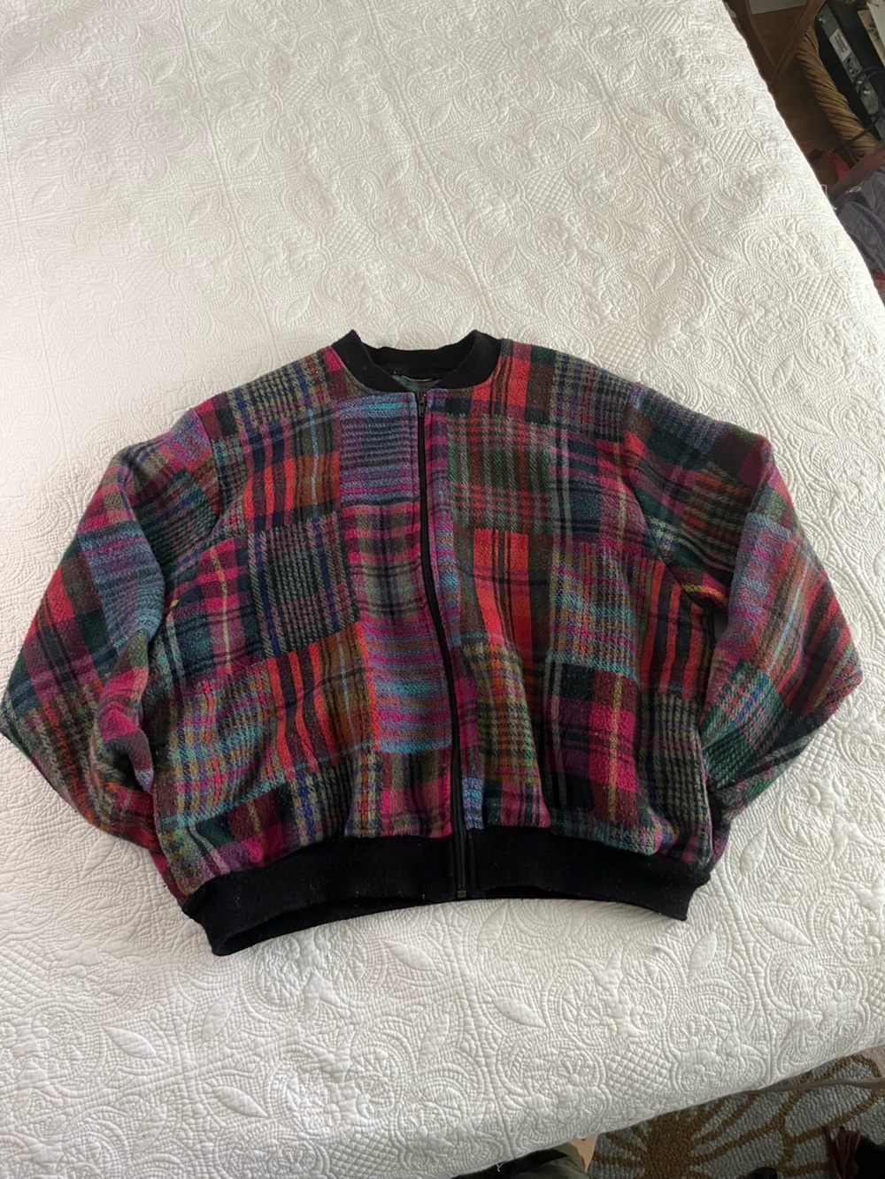 Vintage Plaid Bomber Jacket Colourful Bomber - Patchwork Patterned - 80s - Wool